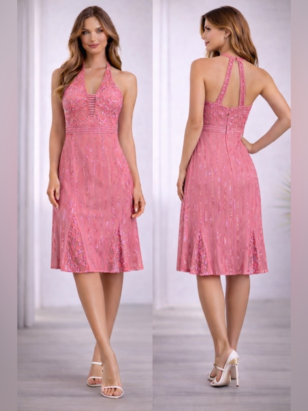 Ugo Zaldi Pink/Coral Silk Beaded Halter Dress FR 38 / US 6 Cocktail Wedding